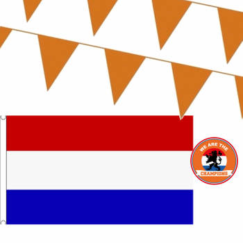 Oranje versiering buiten pakket 1x mega Nederland vlag + 300 meter vlaggetjes - Feestpakketten