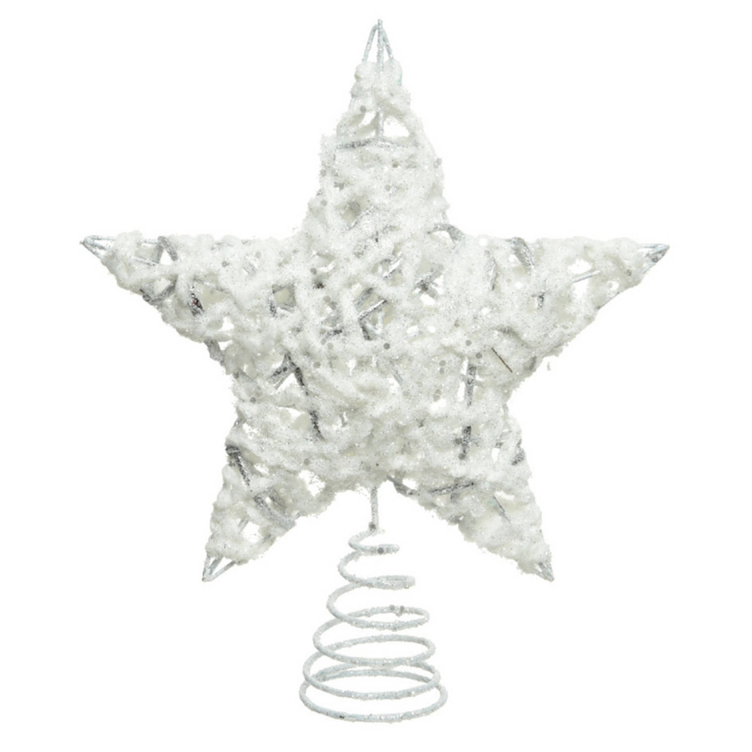 Kunststof ster piek/kerstboom topper wit/zilver 23 cm - kerstboompieken