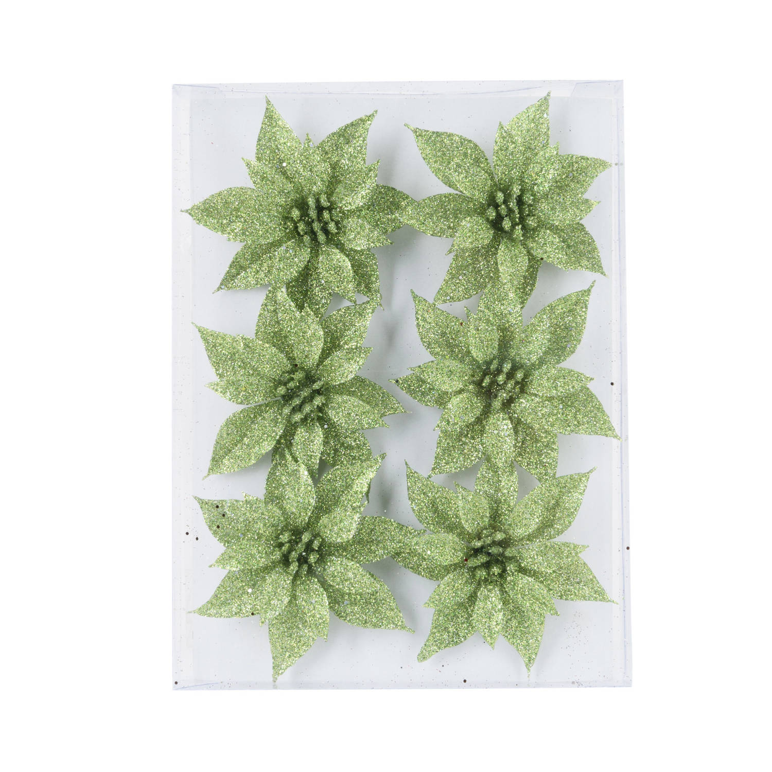 6x stuks decoratie bloemen rozen groen glitter op ijzerdraad 8 cm - Kunstbloemen