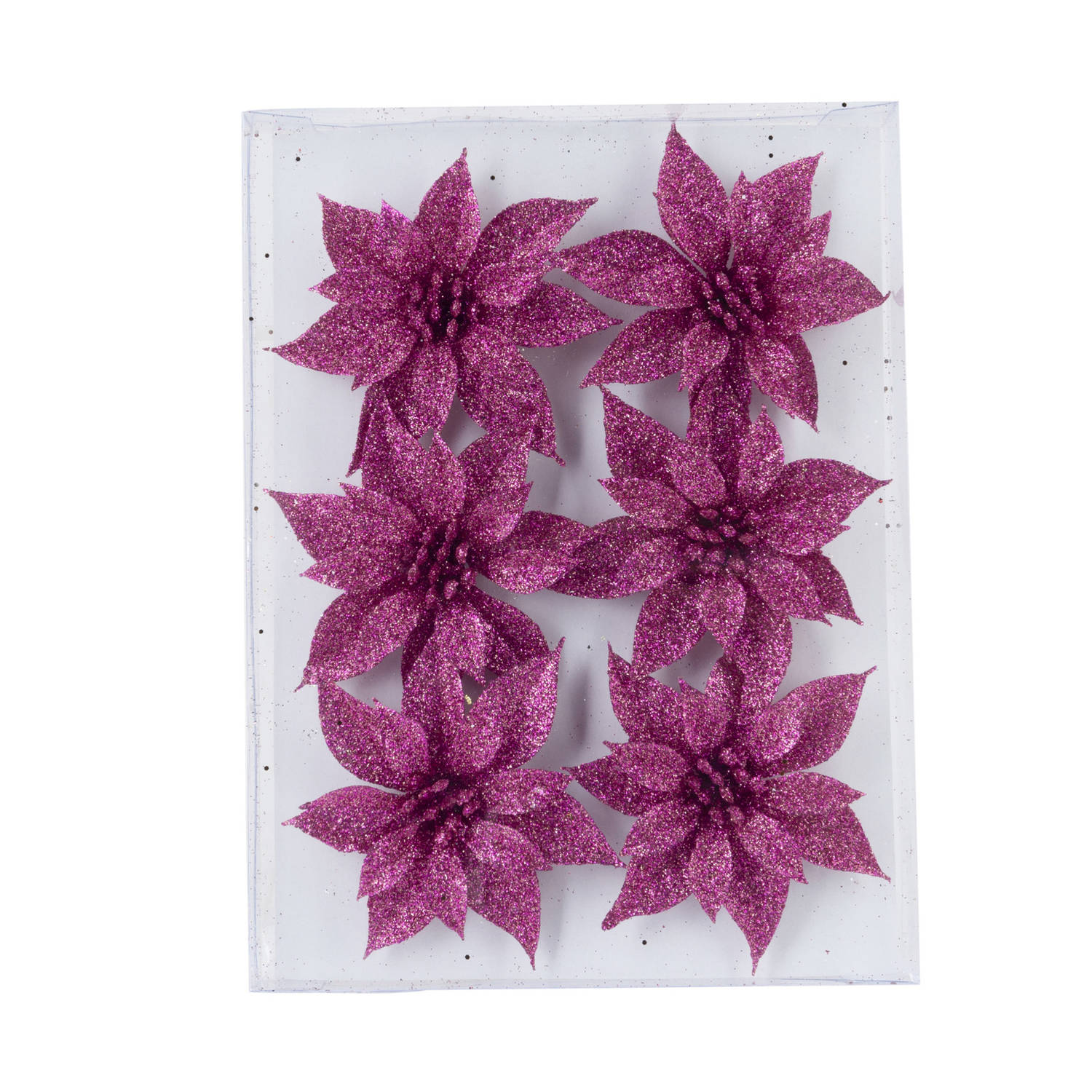 6x stuks decoratie bloemen rozen fuchsia roze glitter op ijzerdraad 8 cm - Kunstbloemen
