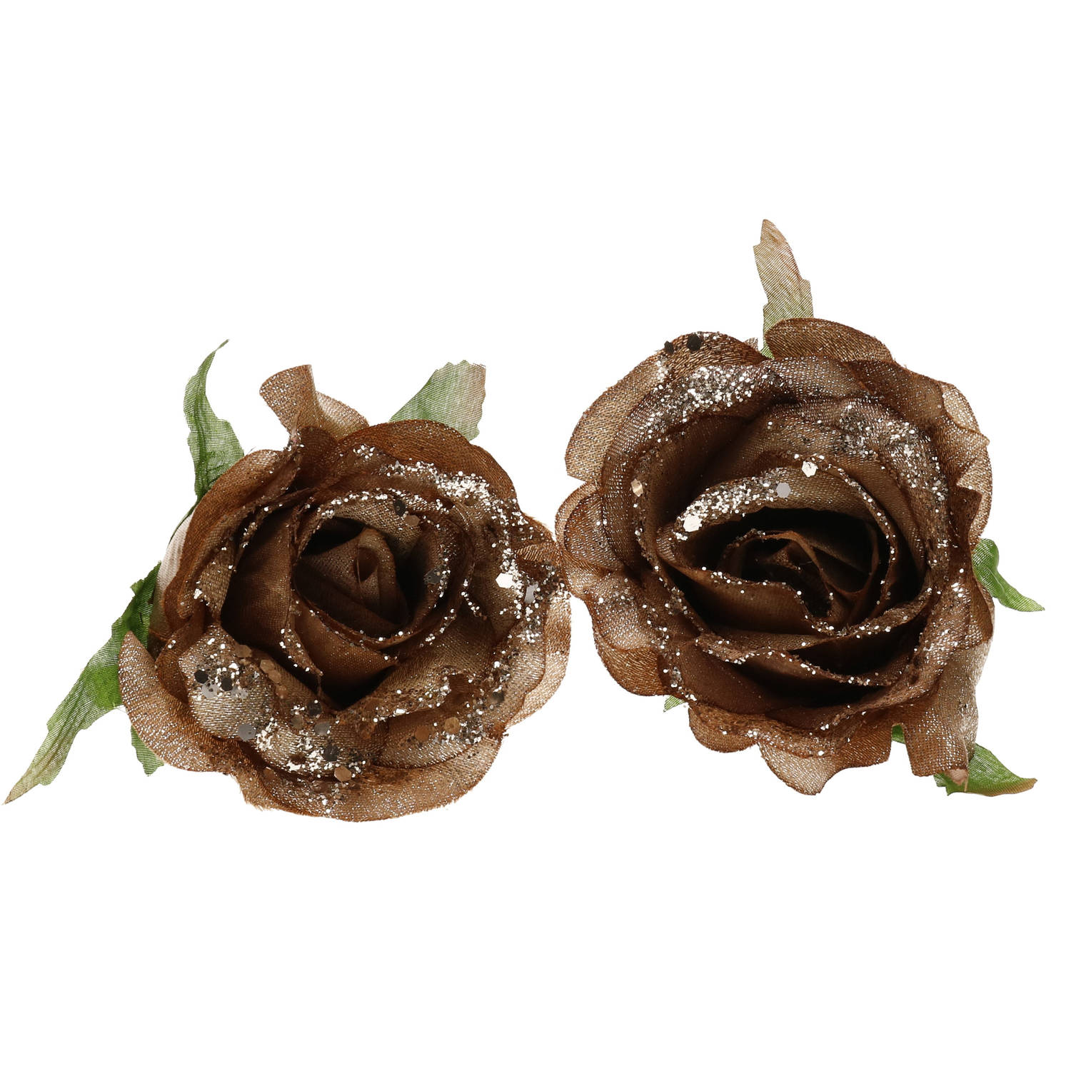 2x stuks decoratie bloemen roos goud bruin glitter op clip 10 cm. - Kunstbloemen