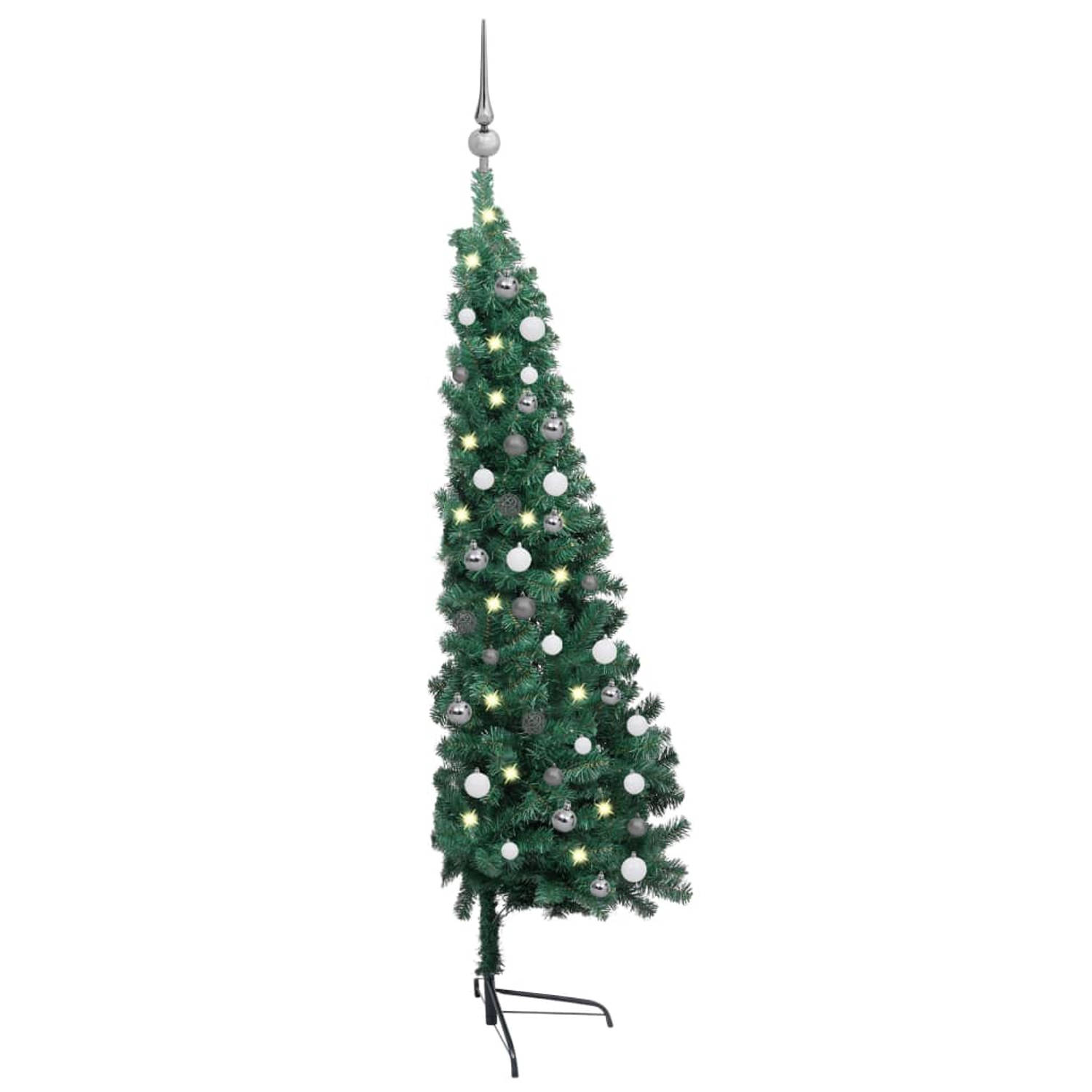 The Living Store Kunstkerstboom met LED's en kerstballen half 120 cm groen - Decoratieve kerstboom