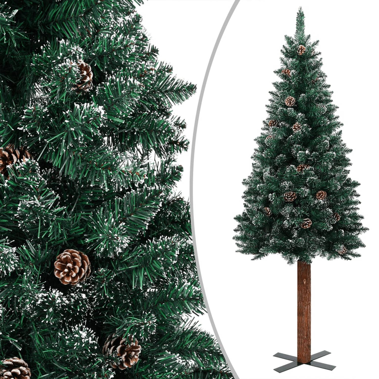 The Living Store Kerstboom met LED's en hout en witte sneeuw smal 210 cm groen - Decoratieve kerstboom
