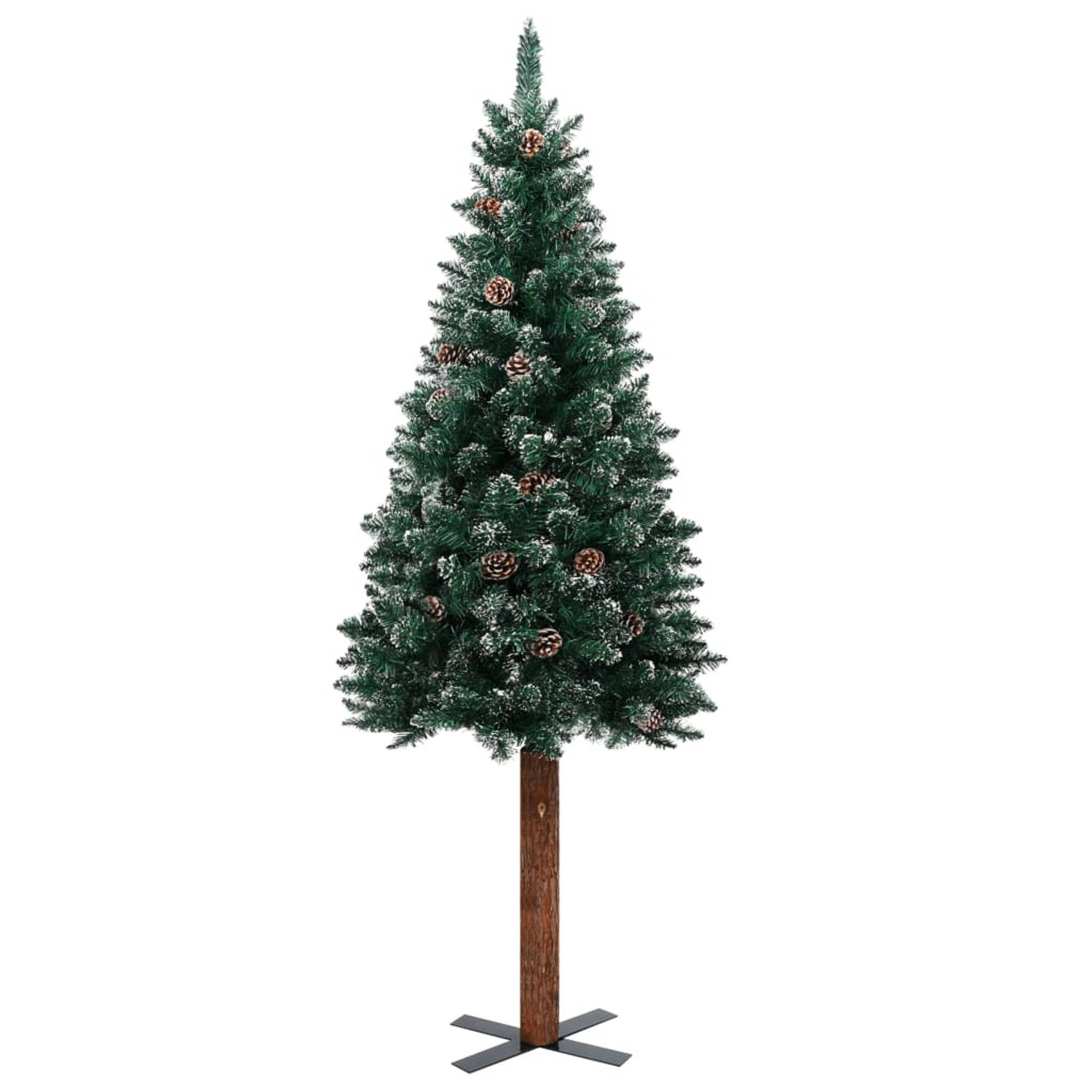 The Living Store Kerstboom met echt hout en witte sneeuw smal 210 cm groen - Decoratieve kerstboom