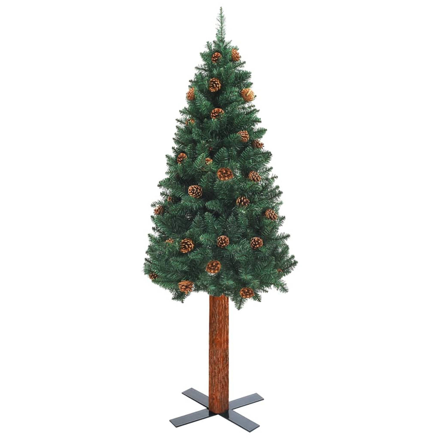 The Living Store Kerstboom met LED's en kerstballen smal 180 cm PVC groen - Decoratieve kerstboom