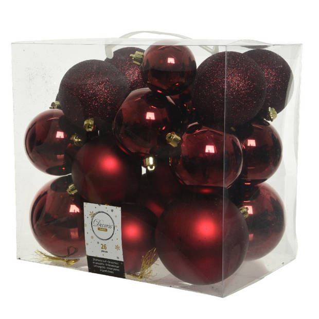 Pakket 32x stuks kunststof kerstballen en sterren ornamenten donkerrood - Kerstbal