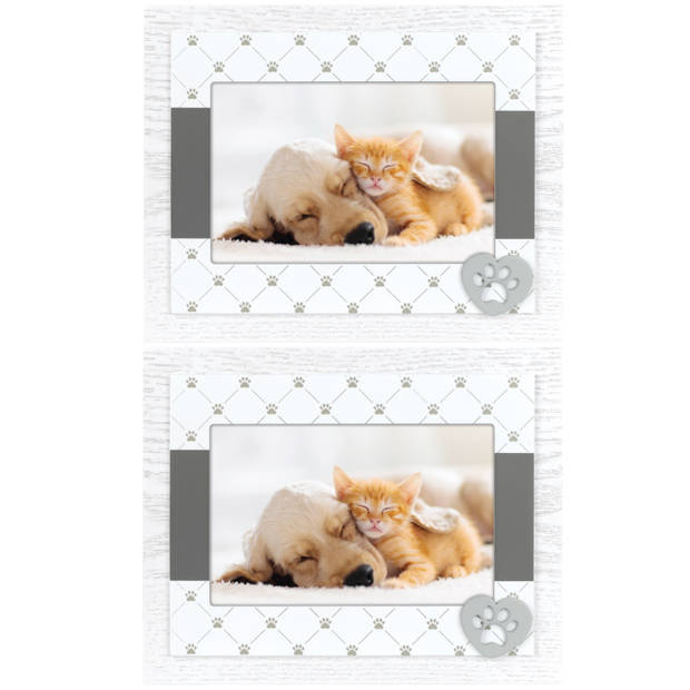 2x stuks houten fotolijstje wit/grijs met honden/katten pootje geschikt voor een foto van 10 x 15 cm - Fotolijsten