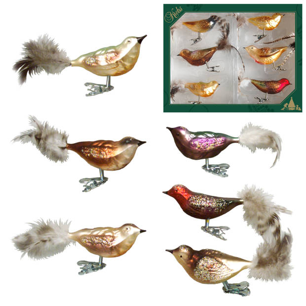 6x stuks luxe glazen decoratie vogels op clip diverse kleuren 11 cm - Kersthangers