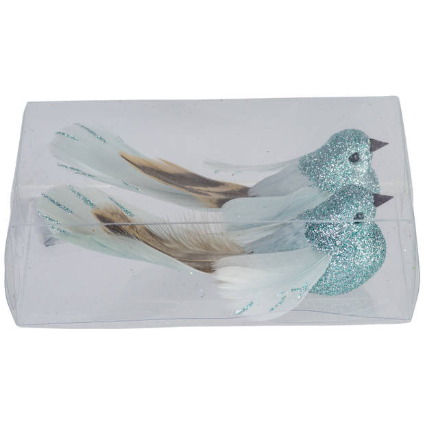2x stuks decoratie vogels op clip glitter ijsblauw 11 cm - Kersthangers