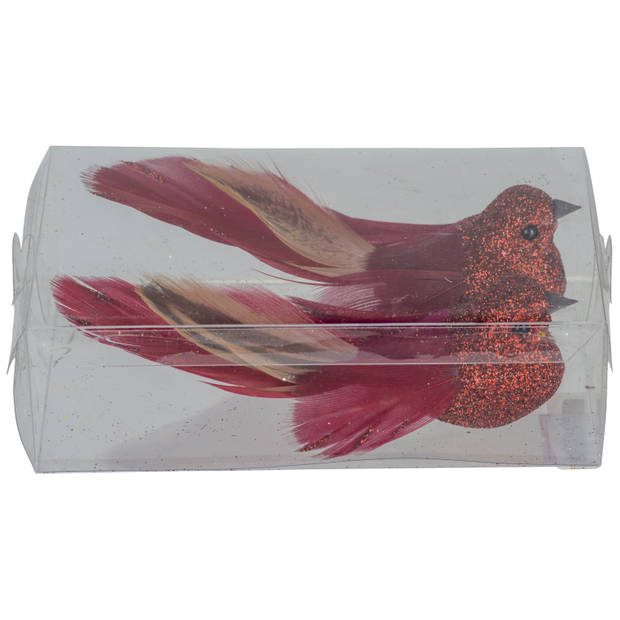 2x stuks decoratie vogels op clip glitter rood 11 cm - Kersthangers