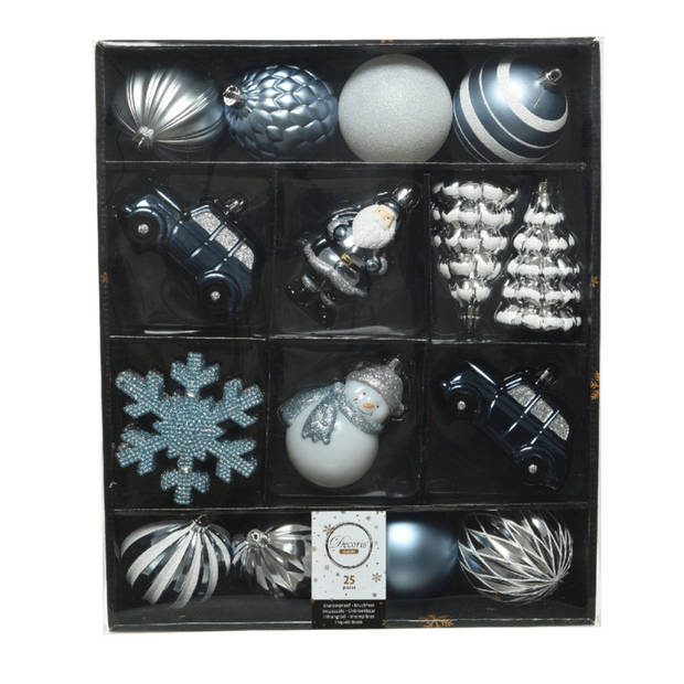 25x Kerstballen en kersthangers figuurtjes lichtblauw/wit kunststof - Kersthangers