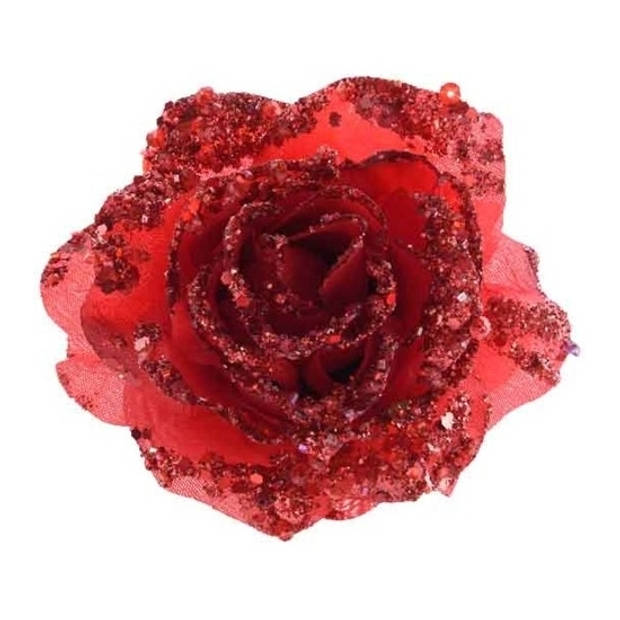 2x stuks kerstversiering glitter bloemen/rozen met clip rood 14 cm - Kersthangers