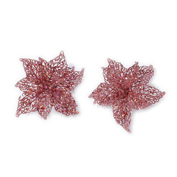 2x stuks decoratie kerststerren bloemen roze glitter op clip 18 cm - Kersthangers