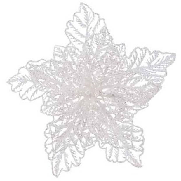 4x Kerstversieringen glitter kerstster bloemen wit op clip 23 x 8 cm - Kersthangers