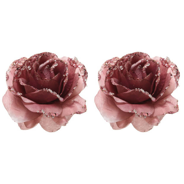 8x Kerstboomversiering/kerstornamenten oudroze rozen op clip 14 cm - Kunstbloemen