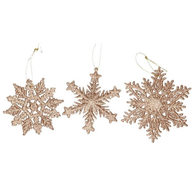 3x Koperen sneeuwvlok/ijsster kerstornamenten kerst hangers 10 cm met glitters - Kersthangers