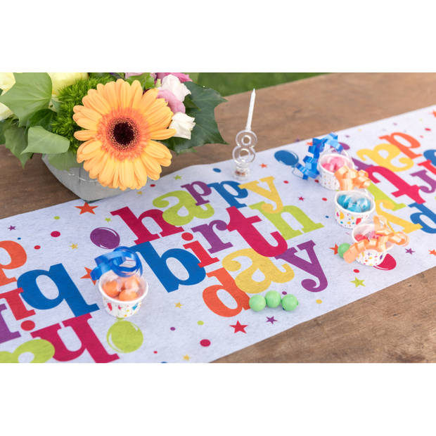 1x Happy Birthday thema tafellopers op rol 500 cm kinderfeestje versiering - Feesttafelzeilen