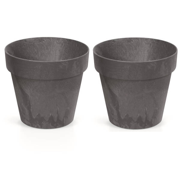 2x Kunststof bloempotten/plantenpotten betonlook 17 cm antraciet - Plantenpotten