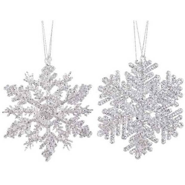 2x Kersthangers figuurtjes zilveren sneeuwvlok/ster 12 cm glitte - Kersthangers