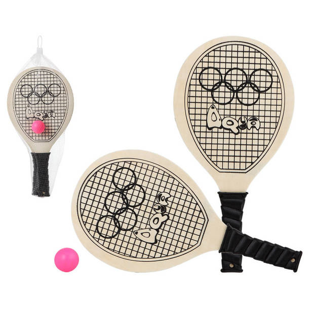 Actief speelgoed tennis/beachball setje houtkleurig met tennisracketmotief - Beachballsets