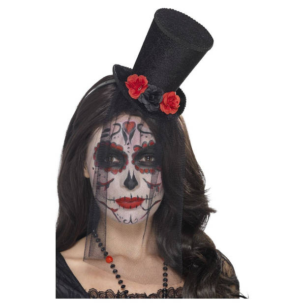 Horror haarband/diadeem day of the dead met mini hoge hoed - Verkleedhoofddeksels