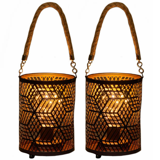 2x stuks LED sfeer lantaarns/lampen zwart/goud met timer B12 x H16 cm - Lantaarns