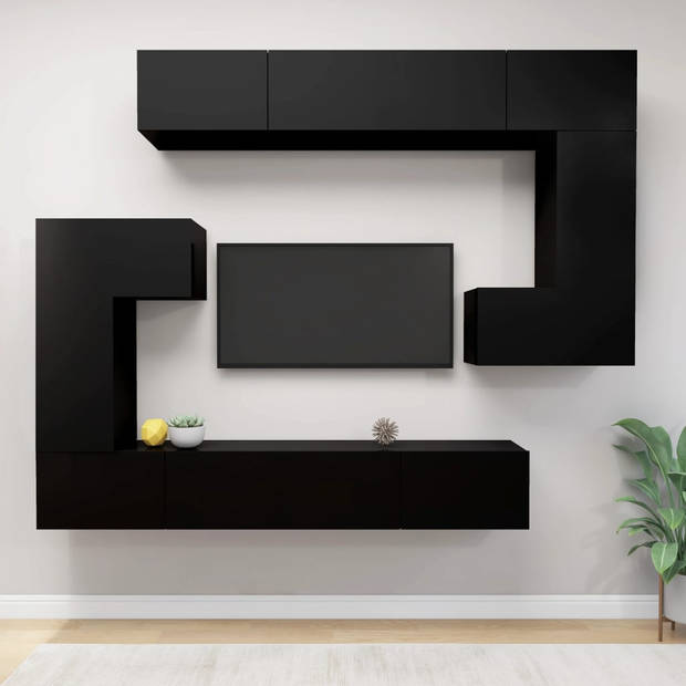 The Living Store Televisiemeubelset - Hangend - Bewerkt hout - 100x30x30 cm - Zwart