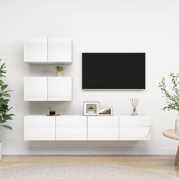 The Living Store Televisiemeubelset - TV-kast - Hoogglans wit - 60 x 30 x 30 cm / 80 x 30 x 30 cm - Spaanplaat