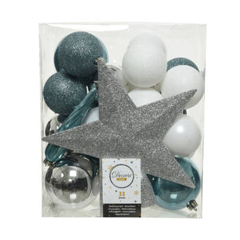 33x stuks kunststof kerstballen met ster piek zilver/ijsblauw (blue dawn)/wit - Kerstbal
