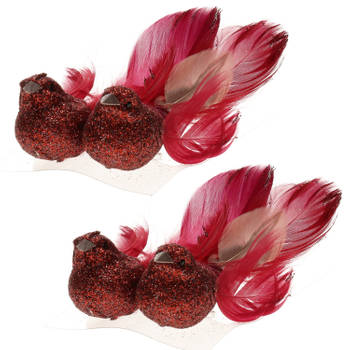 2x stuks decoratie vogels op clip glitter rood 11 cm - Kersthangers