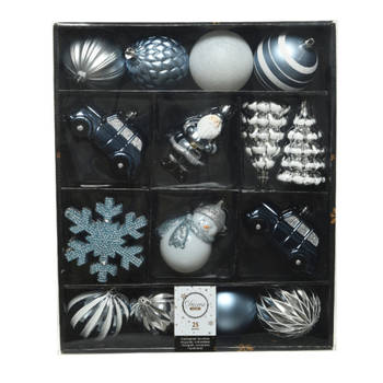 50x Kerstballen en kersthangers figuurtjes lichtblauw/wit kunststof - Kersthangers