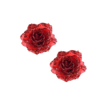 4x stuks rode glitter rozen met clip - Kunstbloemen