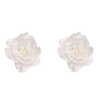 2x stuks witte decoratie rozen glitters op clip 10 cm - Kersthangers