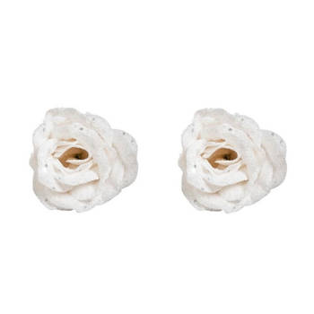 2x stuks witte decoratie rozen glitters op clip 7 cm - Kersthangers