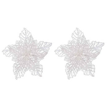 4x Kerstversieringen glitter kerstster bloemen wit op clip 23 x 8 cm - Kersthangers