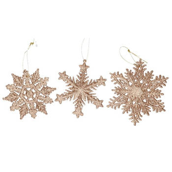 3x Koperen sneeuwvlok/ijsster kerstornamenten kerst hangers 10 cm met glitters - Kersthangers