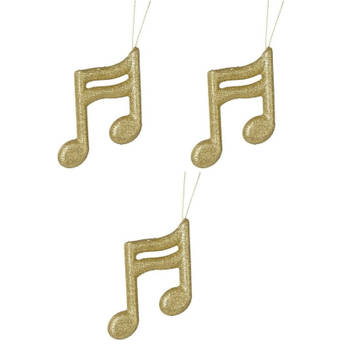 3x Kerst hangdecoratie gouden glitter muzieknootjes 15 cm - Kersthangers