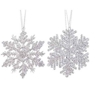 2x Kersthangers figuurtjes zilveren sneeuwvlok/ster 12 cm glitte - Kersthangers