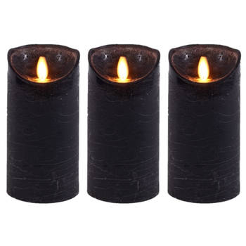 3x LED kaarsen/stompkaarsen zwart met dansvlam 15 cm - LED kaarsen