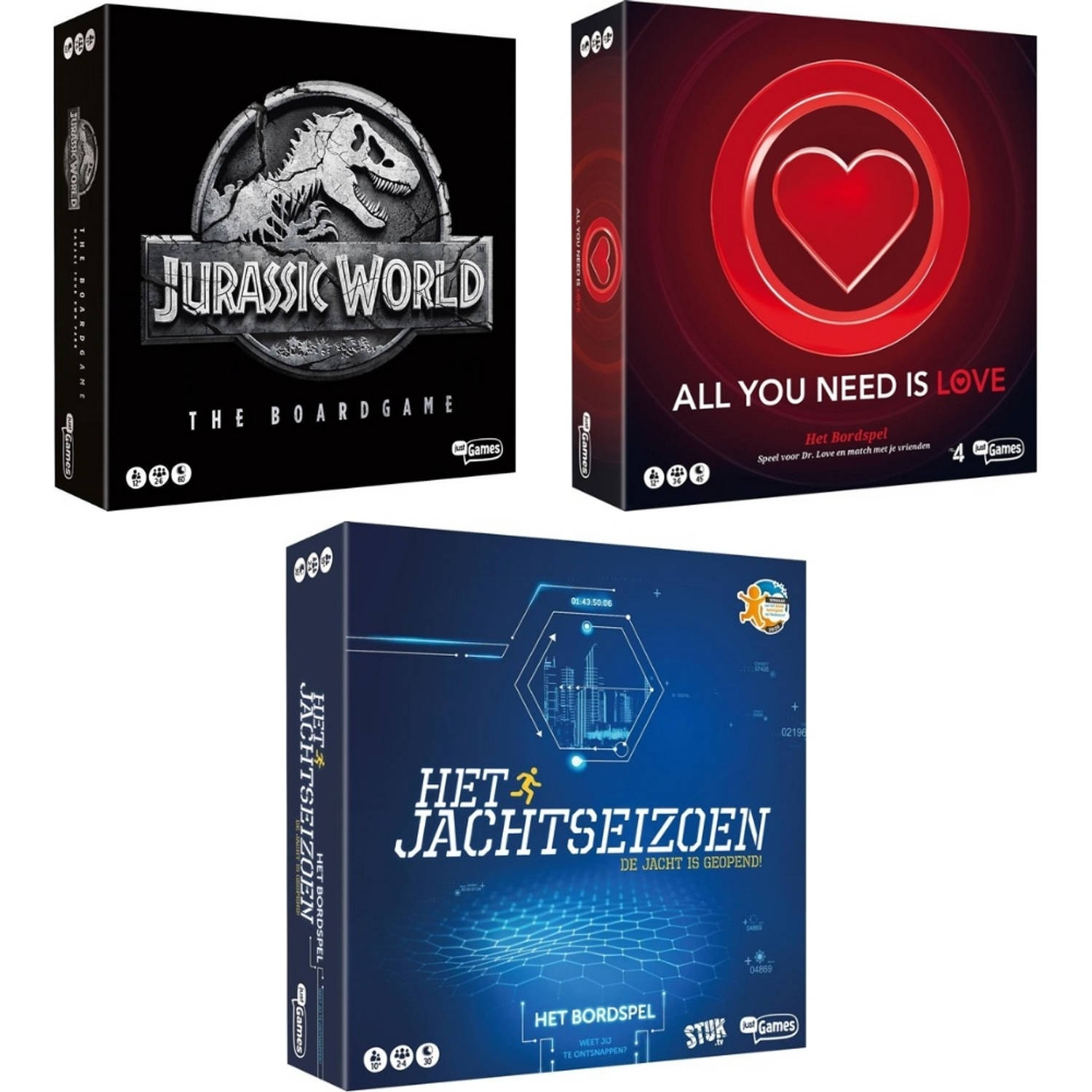 Spellenbundel - 3 Stuks - Jurassic World the boardgame & All You Need Is Love Bordspel & Het Jachtseizoen