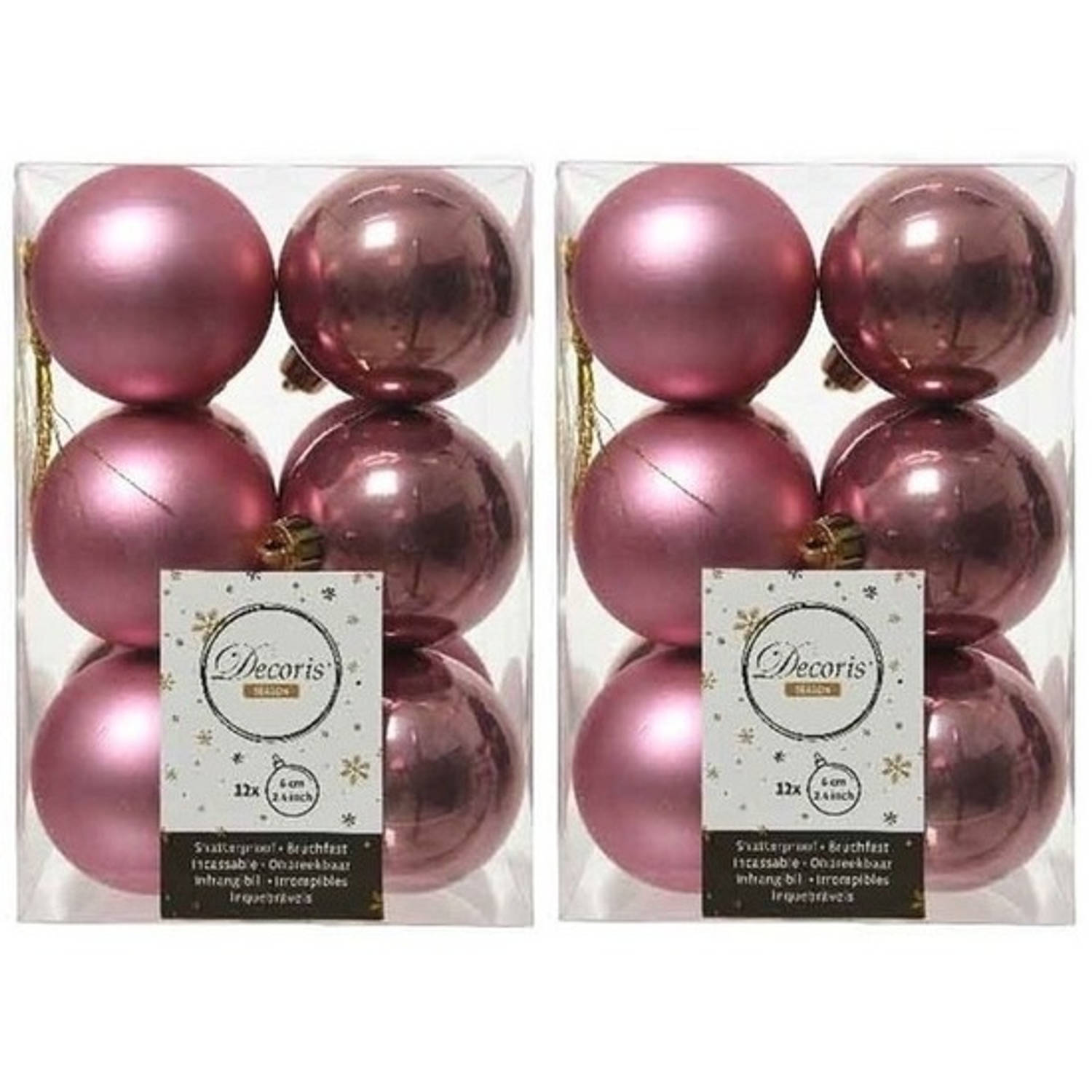 24x Kunststof kerstballen glanzend/mat oud roze 6 cm kerstboom versiering/decoratie - Kerstbal