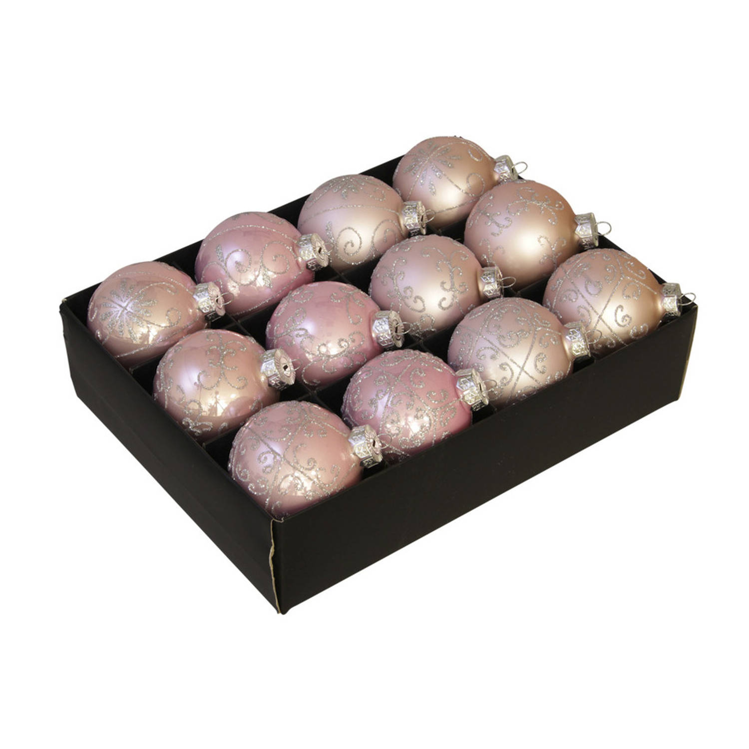 12x Luxe glazen gedecoreerde poeder roze kerstballen 7,5 cm - Kerstbal