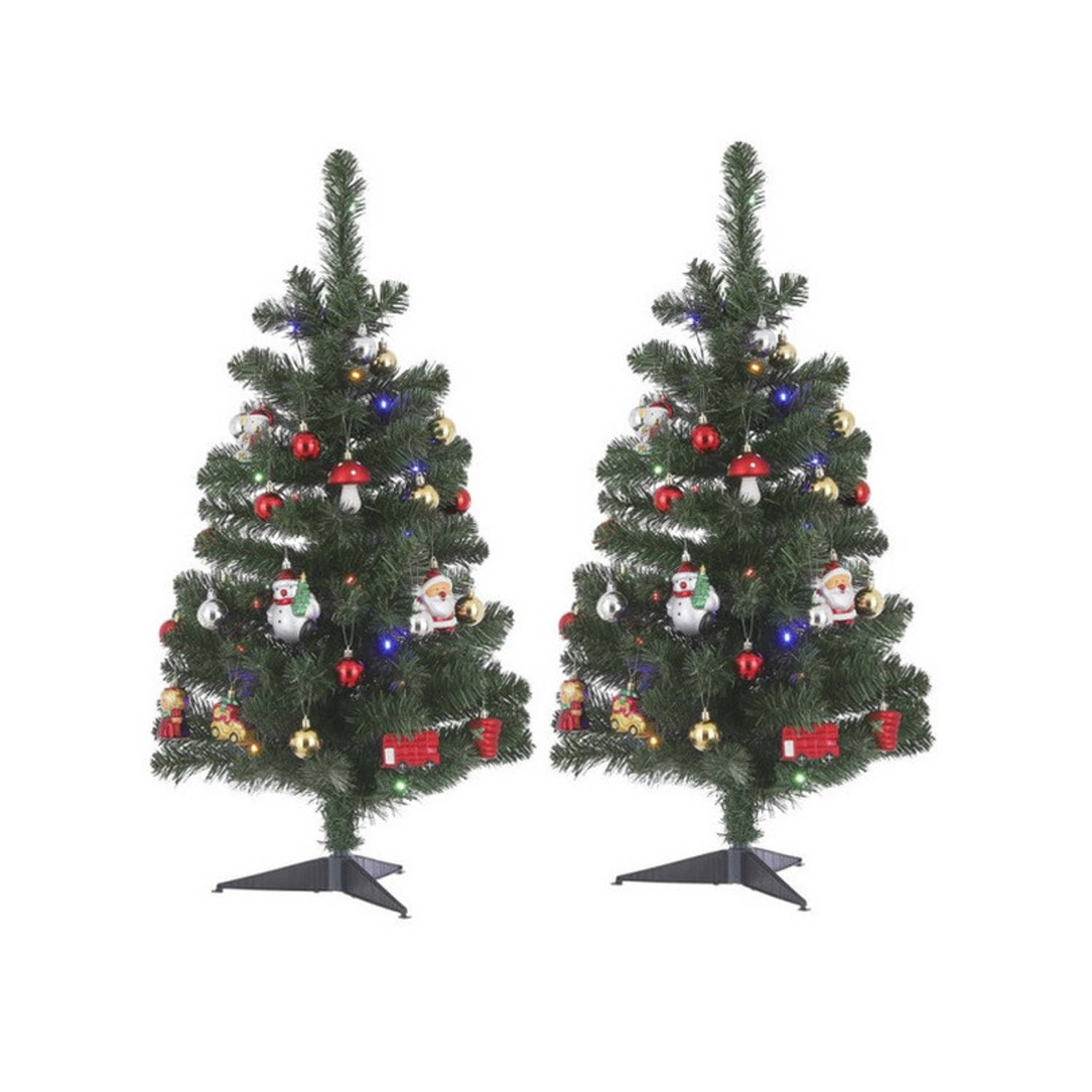 Set van 2x stuks versierde kerstbomen met 26 decoraties en 30 LED lampjes 90 cm - Kunstkerstboom