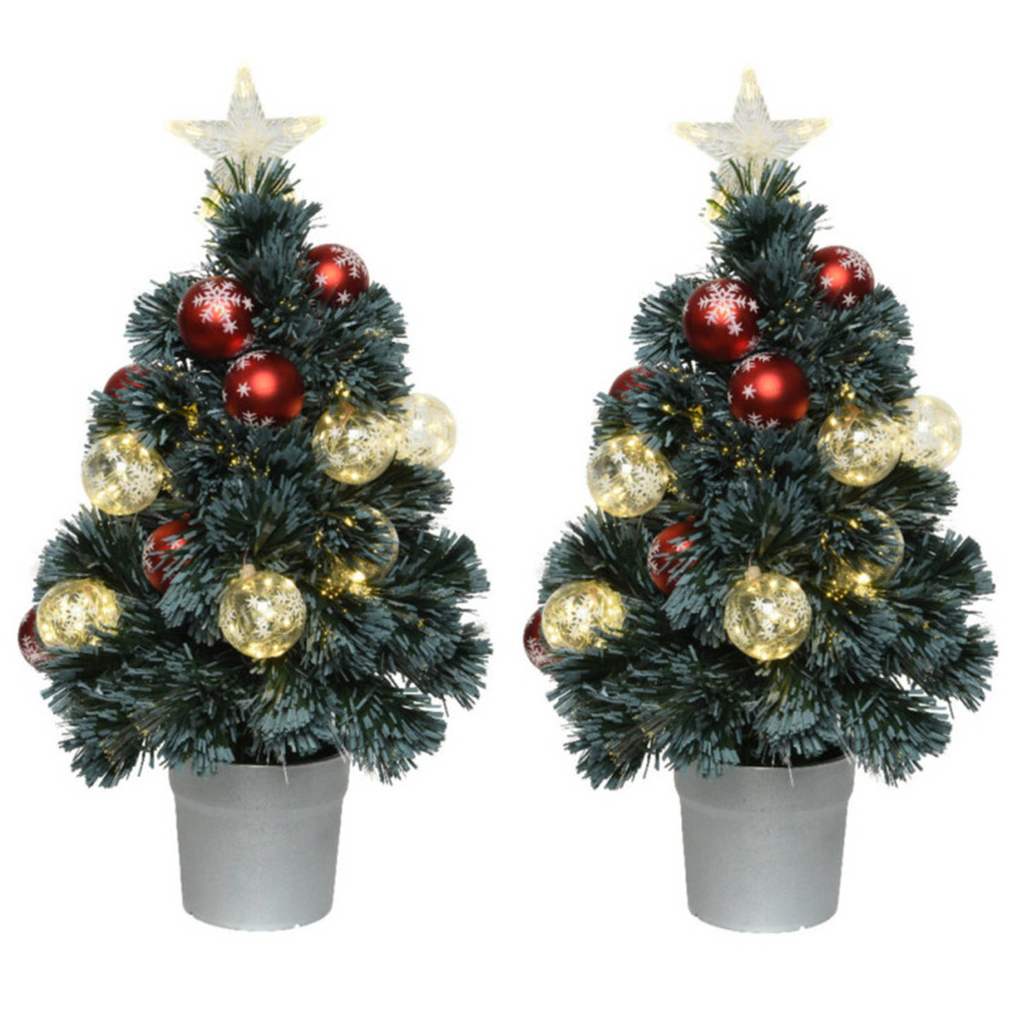 2x Stuks Fiber Optic Kerstbomen-kunst Kerstbomen Met Verlichting En Kerstballen 60 Cm Kunstkerstboom