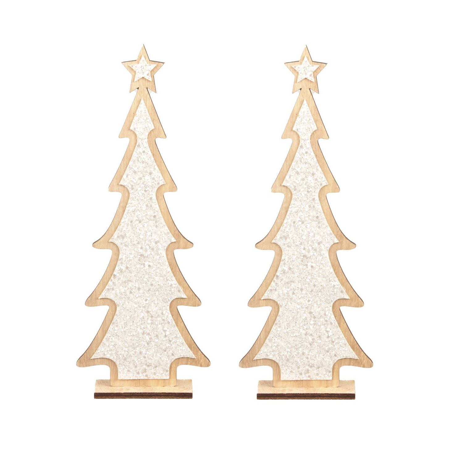 2x Stuks Kerstdecoratie Houten Kerstboom Glitter Wit 35,5 Cm Kunstkerstboom