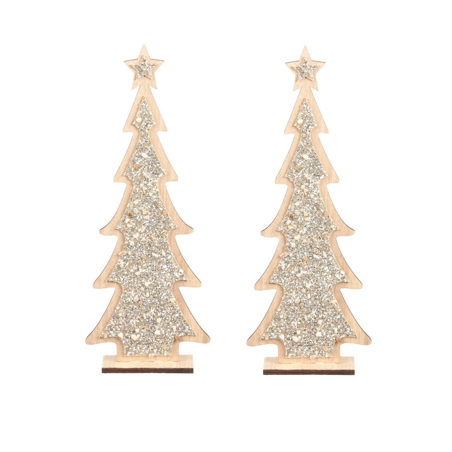 2x Stuks Kerstdecoratie Houten Kerstboom Glitter Zilver 35,5 Cm Decoratie Kerstbomen Kunstkerstboom