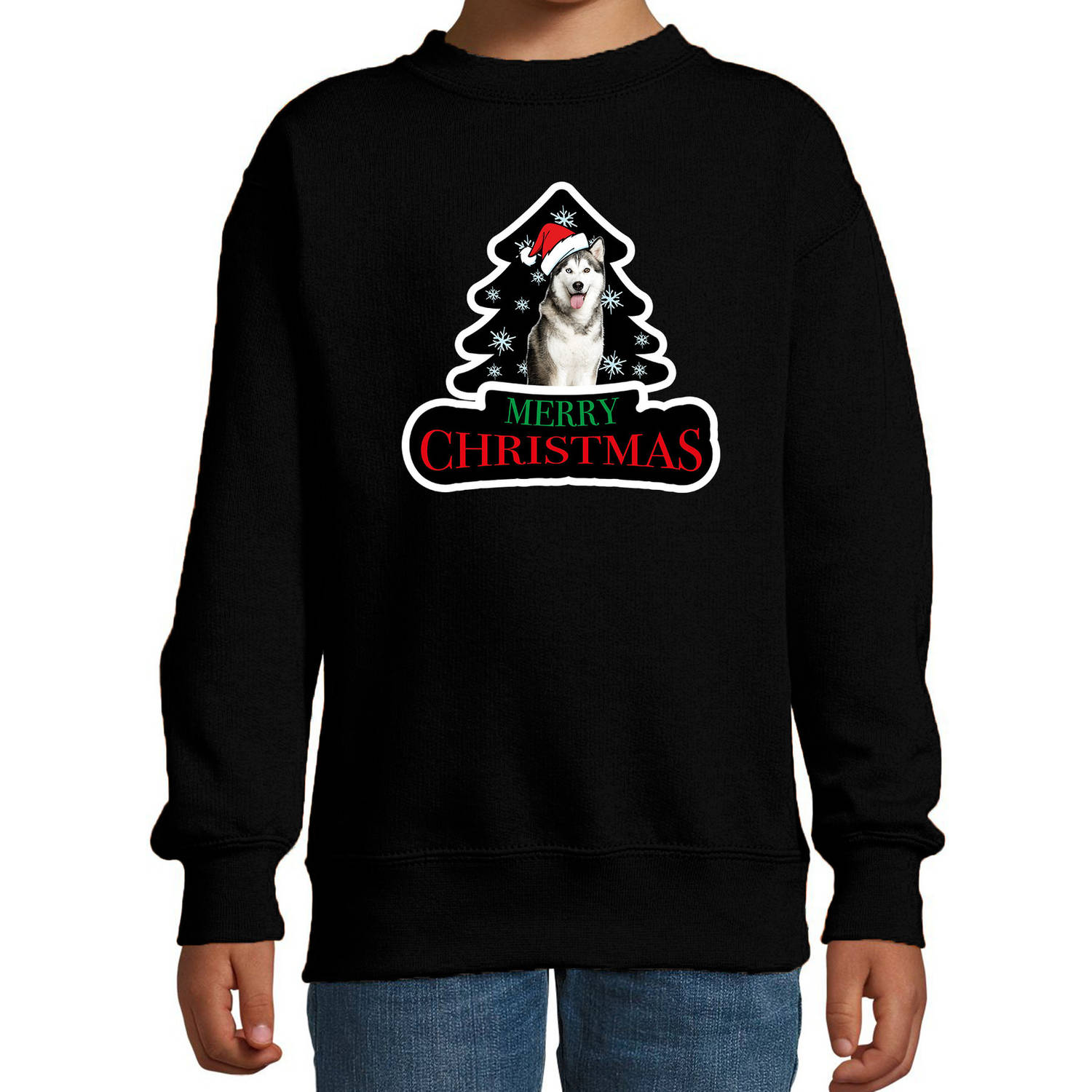 Dieren kersttrui husky zwart kinderen - Foute honden kerstsweater 9-11 jaar (134/146) - kerst truien kind
