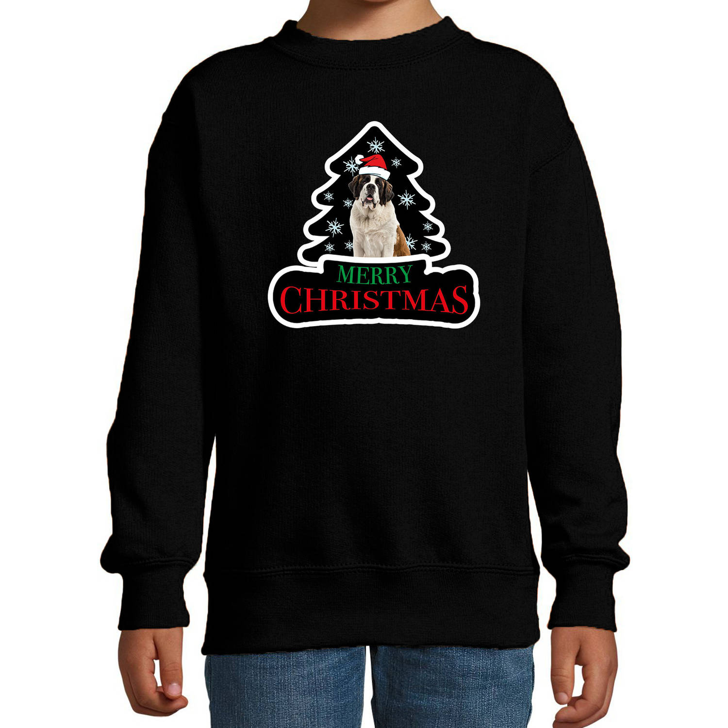 Dieren kersttrui sint bernard zwart kinderen - Foute honden kerstsweater 9-11 jaar (134/146) - kerst truien kind