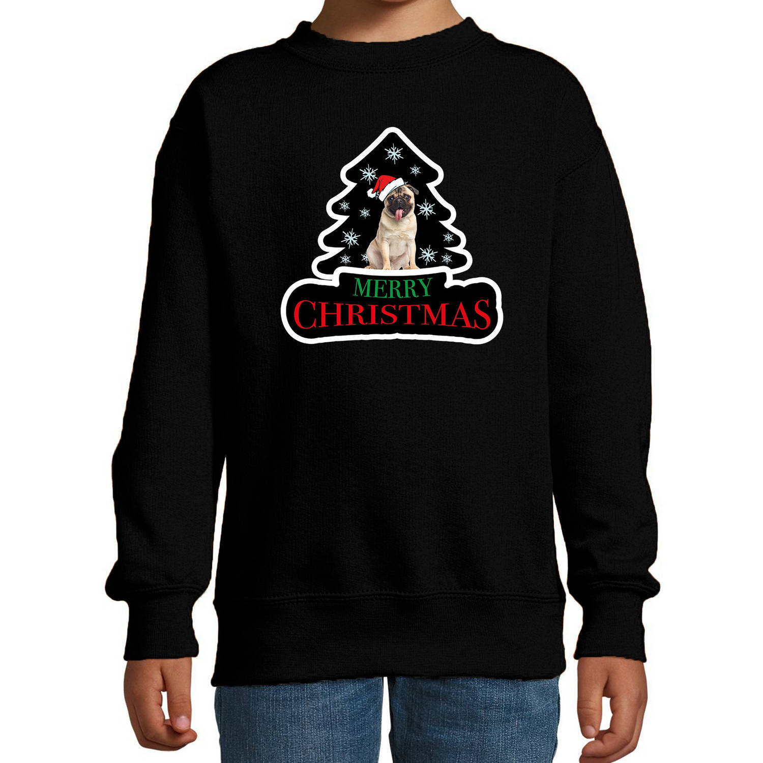 Dieren kersttrui mopshond zwart kinderen - Foute honden kerstsweater 9-11 jaar (134/146) - kerst truien kind