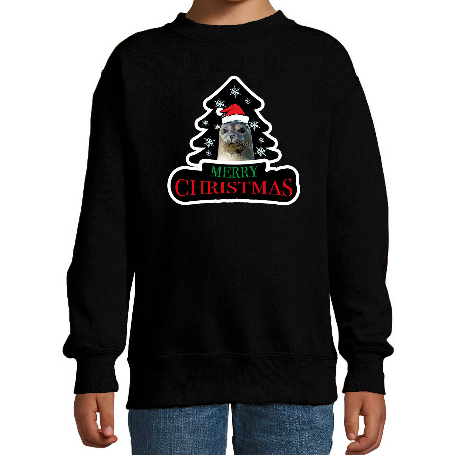 Dieren kersttrui zeehond zwart kinderen - Foute zeehonden kerstsweater 5-6 jaar (110/116) - kerst truien kind
